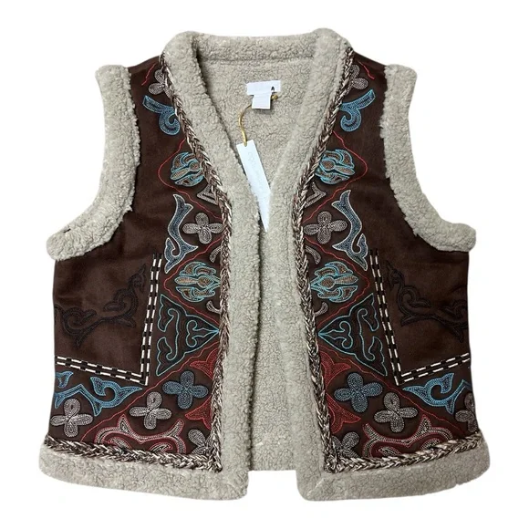 House of Harlow 1960 Embroidered Sherpa Trim Vest Western Boho Multi One Size - Picture 1 of 8